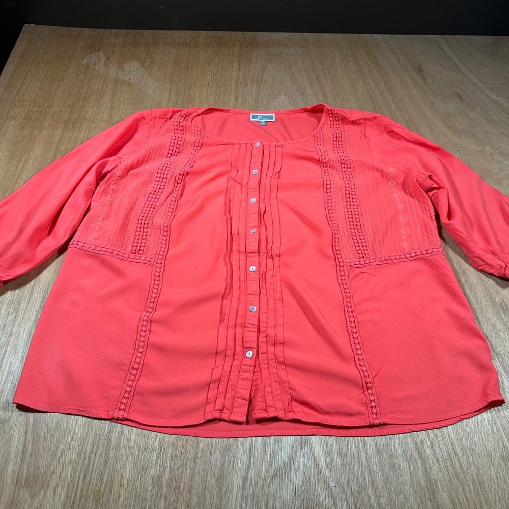 JM Collection Blouse Women 1X Coral Boho Crochet Lace Pintuck 3/4 Sleeve Top